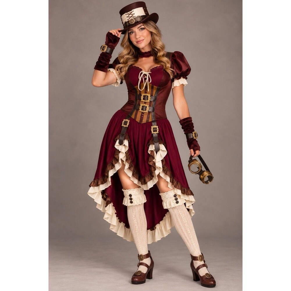 Spirit Steampunk Dress Costume Burgundy/Brown/Cream Stretch Polyester Size L